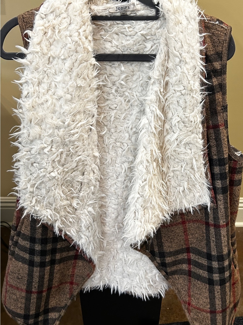 JODIFL Cream Faux Fur Lapel Plaid Vest with Brown & Red Accents